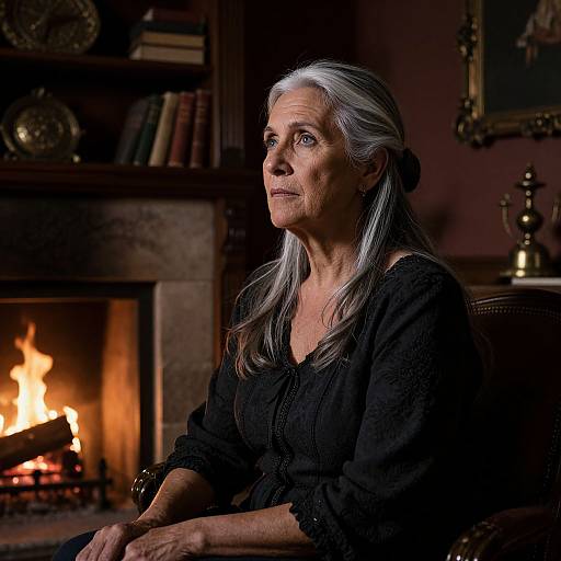 Photograph of an elderly woman with long silver hair, wearing a black blouse, sitting by a warmly lit fireplace in a dimly lit, rustic room