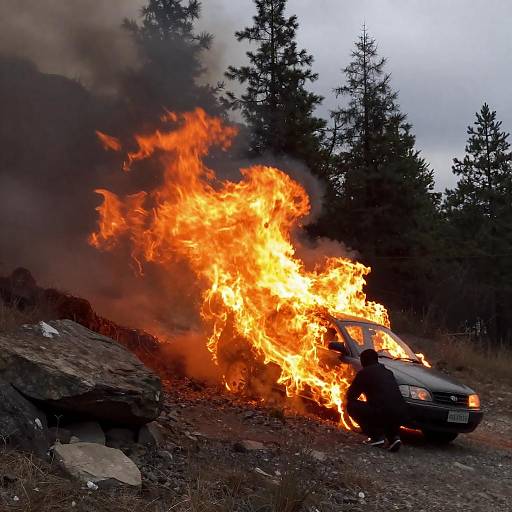 Flaming Car on Rocky Hillside