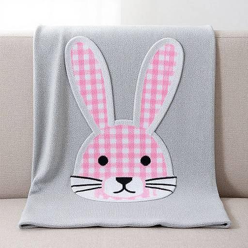 Photograph of a gray knitted throw blanket with a pink and white checkered bunny face embroidered on it, draped over a beige couch.