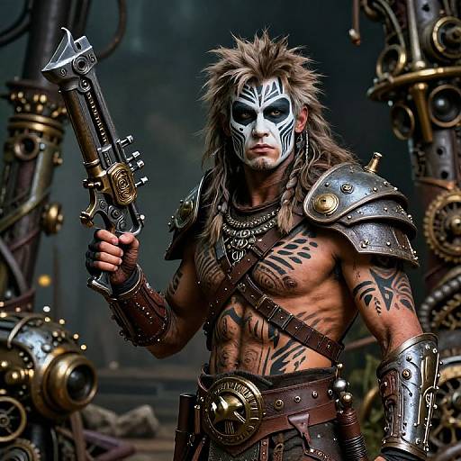 Digital art: Muscular, tattooed man with white face paint, spiky hair, holding ornate gun, wearing metallic armor and leather belts,