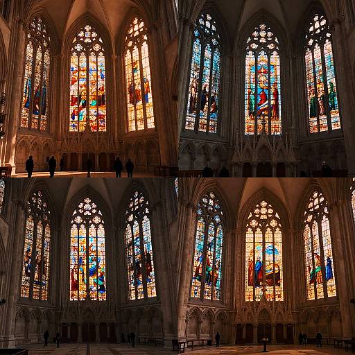 Photograph of a Gothic cathedral's vibrant, multi-colored stained glass windows in tall, pointed arches, with dark silhouettes of visitors below.