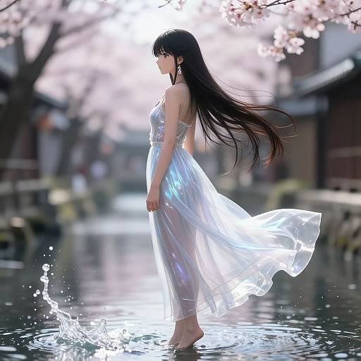 Digital anime-style artwork of a long-haired woman in a flowing white dress standing in a sunlit, cherry blossom-filled pond.