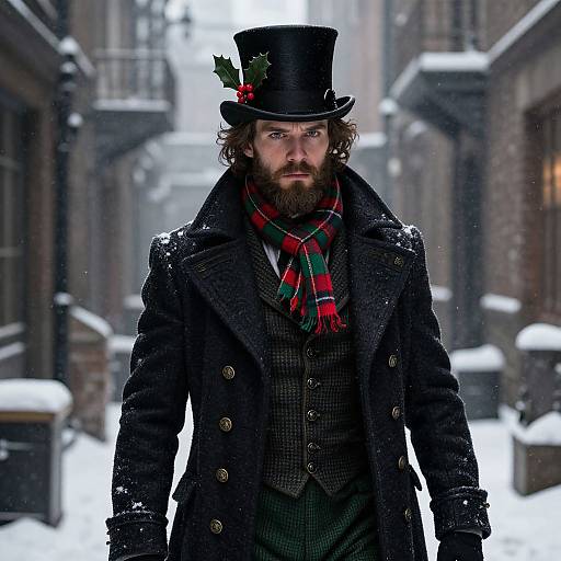 Photograph of a bearded man in Victorian attire, black top hat with holly, red plaid scarf, and dark coat, standing in a