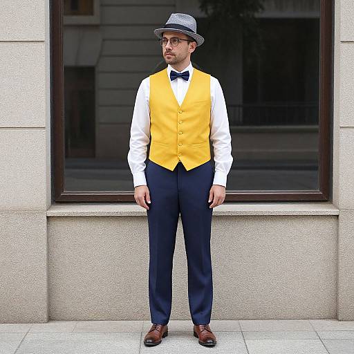 Photograph of a bearded man in a yellow vest, white shirt, blue bow tie, dark pants, brown shoes, and gray hat, standing
