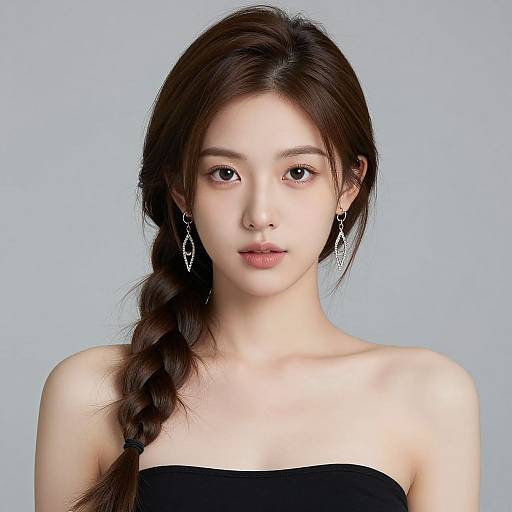 Photograph of an East Asian woman with long braided brown hair, wearing black strapless top, silver dangling earrings, against plain light blue background.