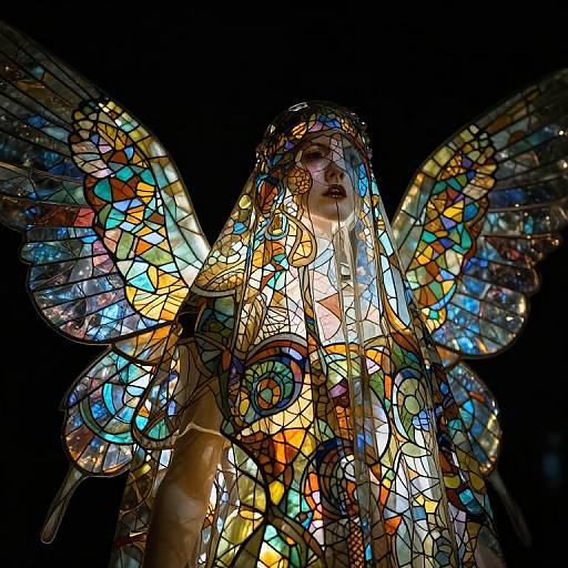 Photograph of a woman with glowing, colorful stained glass wings and headdress, illuminated against a dark background, resembling a stained glass angel.