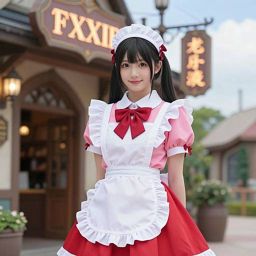 Photograph of an Asian woman in a pink and red maid outfit with white apron and headband, standing in front of a rustic, sign-l