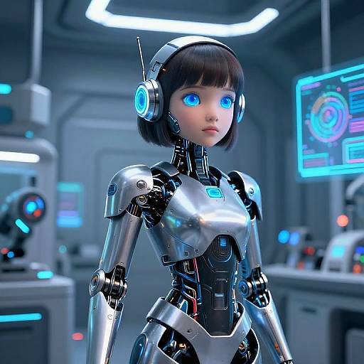 CGI image of a cute, blue-eyed, short-haired robot girl with metallic silver and black body, wearing blue headphones, in a futuristic lab with