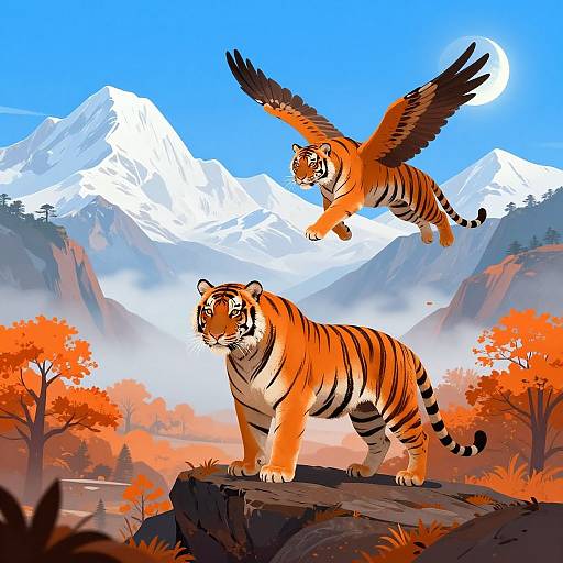 Digital illustration of a tiger with black stripes standing on a rock, and a winged tiger soaring above, with snowy mountains and autumn trees in the background