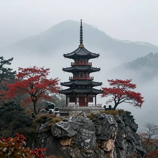 Zen Pagoda Amid Misty Mountains