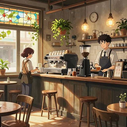 Anime-style digital drawing of a sunny café with sunlight streaming through stained glass, a barista in a white shirt and apron, and a customer in