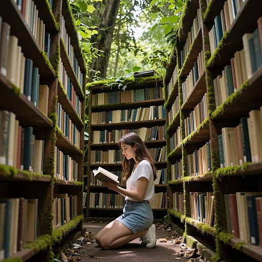 Photograph of a young woman with long brown hair, wearing a white t-shirt and denim shorts, kneeling between moss-covered bookshelves in a sun
