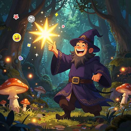 Grinning Wizard Casting Sparkling Spell
