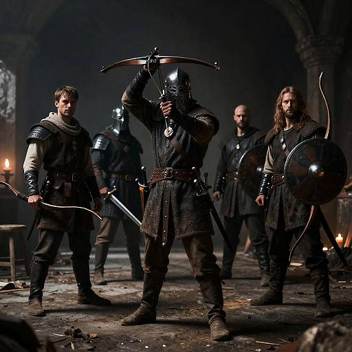 Medieval Warriors in a Dark Ruined Room