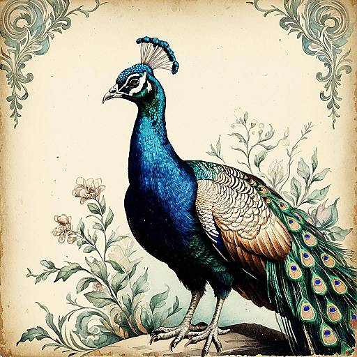 Antique Victorian Watercolor Peacock Portrait