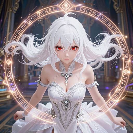 Digital anime artwork of a white-haired, red-eyed woman in a white, ornate dress, surrounded by glowing magical runes in a grand, dimly