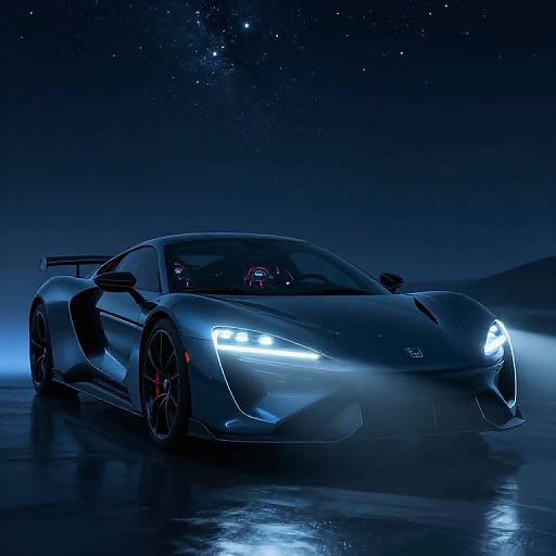 Photograph of a sleek, silver Lamborghini Aventador with glowing blue headlights, red brake calipers, and a starry night sky background.