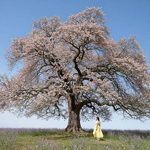 Photograph of a large pink-blossomed tree under a clear blue sky, with a woman in a yellow dress walking near its base in a grass