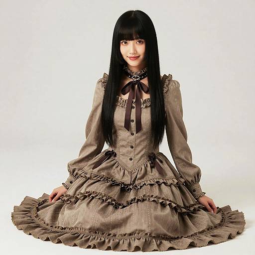 Photograph of an Asian woman with long black hair, wearing an intricate, gothic-style, brown, layered, frilled dress, sitting on the