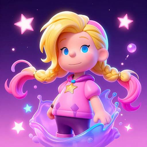 Chibi-style digital art of a blonde girl with blue eyes, pink hoodie, star necklace, and pigtails, standing in glowing purple water,