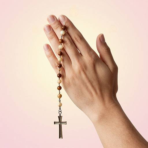 Photograph of a light-skinned hand holding a rosary with brown beads and a silver crucifix against a white background.