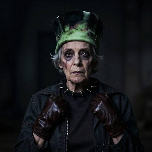 Photograph of an elderly woman with pale skin, green stained hat, dark makeup, black jacket, and brown leather gloves, against a dark background.