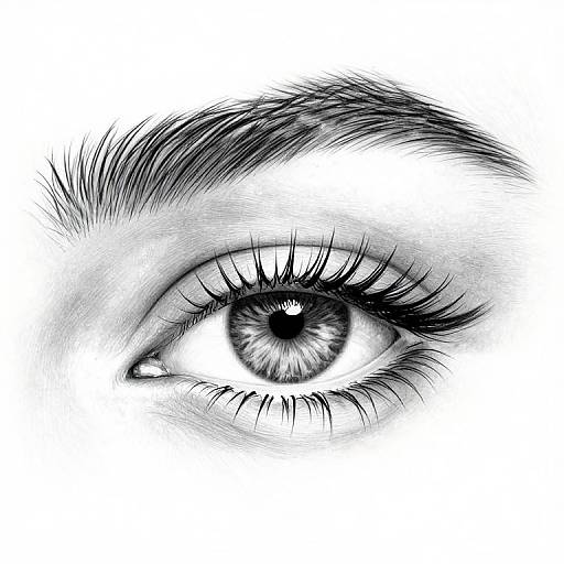Black and white ink drawing of a detailed, expressive eye with long eyelashes, a prominent brow, and intricate iris patterns.