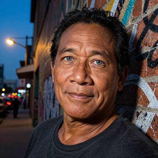 Photograph of a middle-aged, tan-skinned man with short, curly black hair, blue eyes, and a slight smile, standing against a graffiti