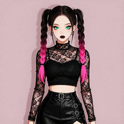 Gothic Punk Anime Girl with Pink Braided Hair