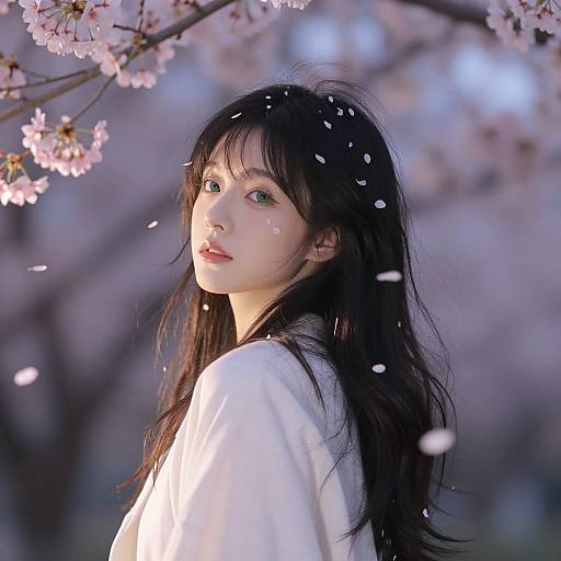 Photograph of a young Asian woman with long black hair, green eyes, and fair skin, wearing a white blouse, standing under blooming cherry bloss