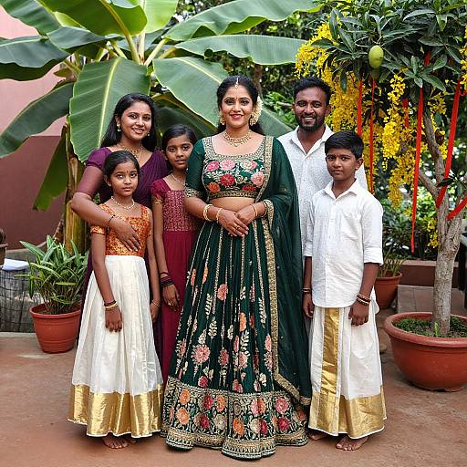 Photograph of a smiling Indian family standing outdoors, with lush greenery and yellow flowers in the background. Mother in green and gold traditional saree,