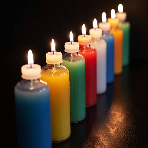 Row of colorful lit candles in bottles