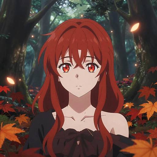 Anime-style digital drawing of a red-haired girl with red eyes, wearing a black off-shoulder top, in a forest with glowing fireflies and