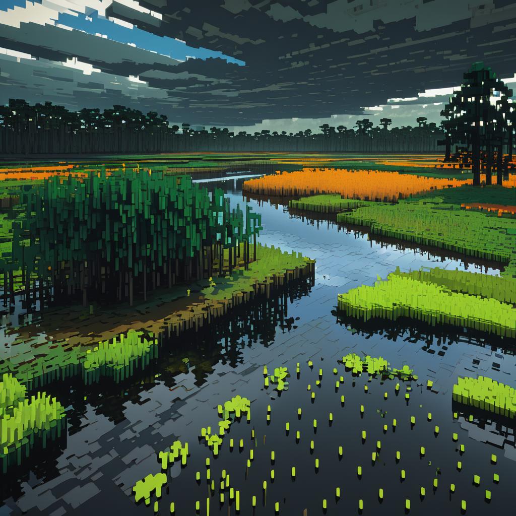 Voxel Art of Marshy Wetlands Landscape