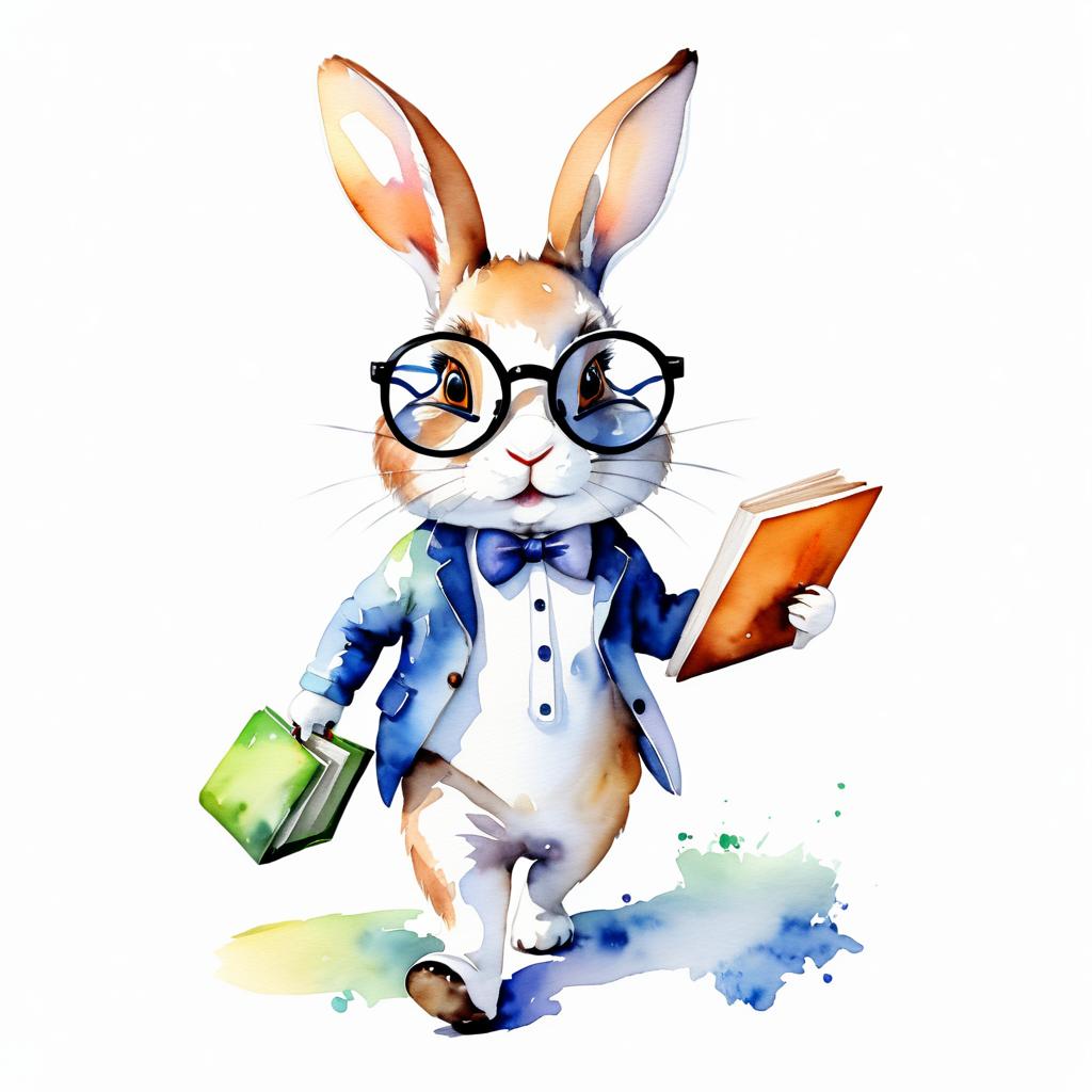 Curious Rabbit with Glasses and Book