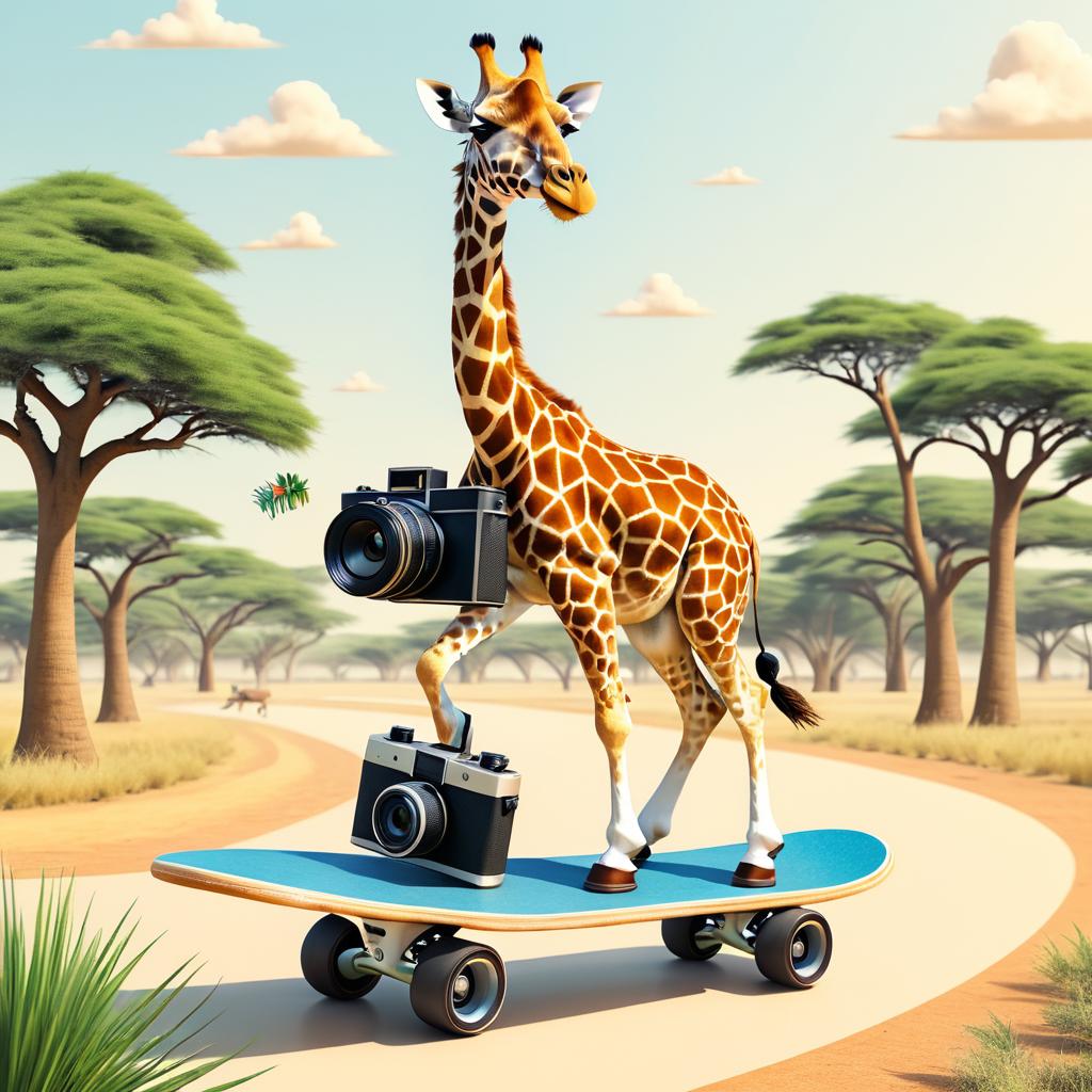 Skateboarding Giraffe on Safari Adventure