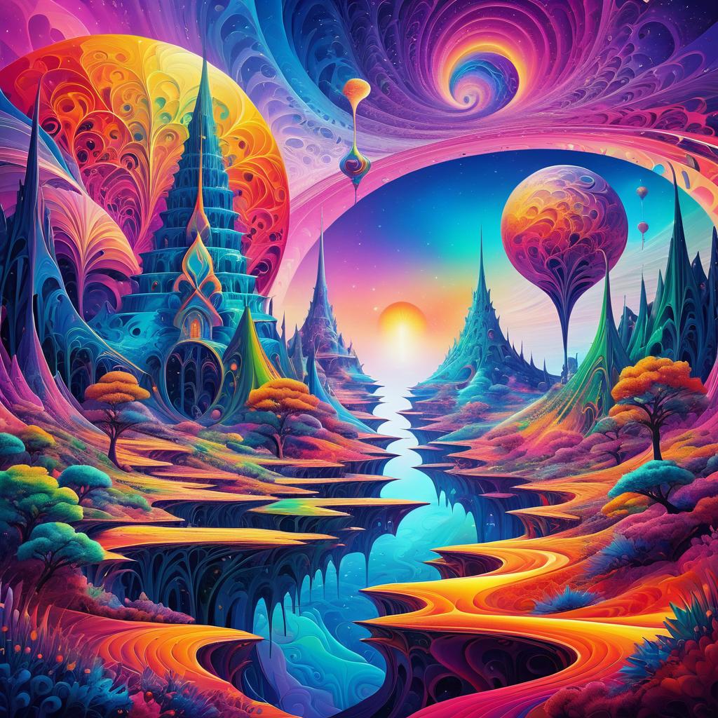 Vibrant Surreal Landscape with Dream Structures