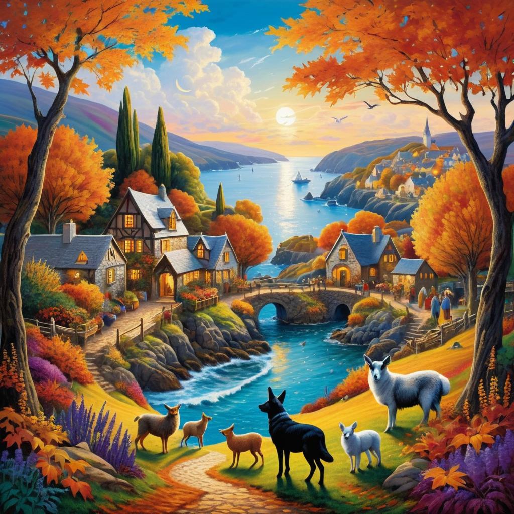 Mystical Autumn Village with Fantasy Creatures