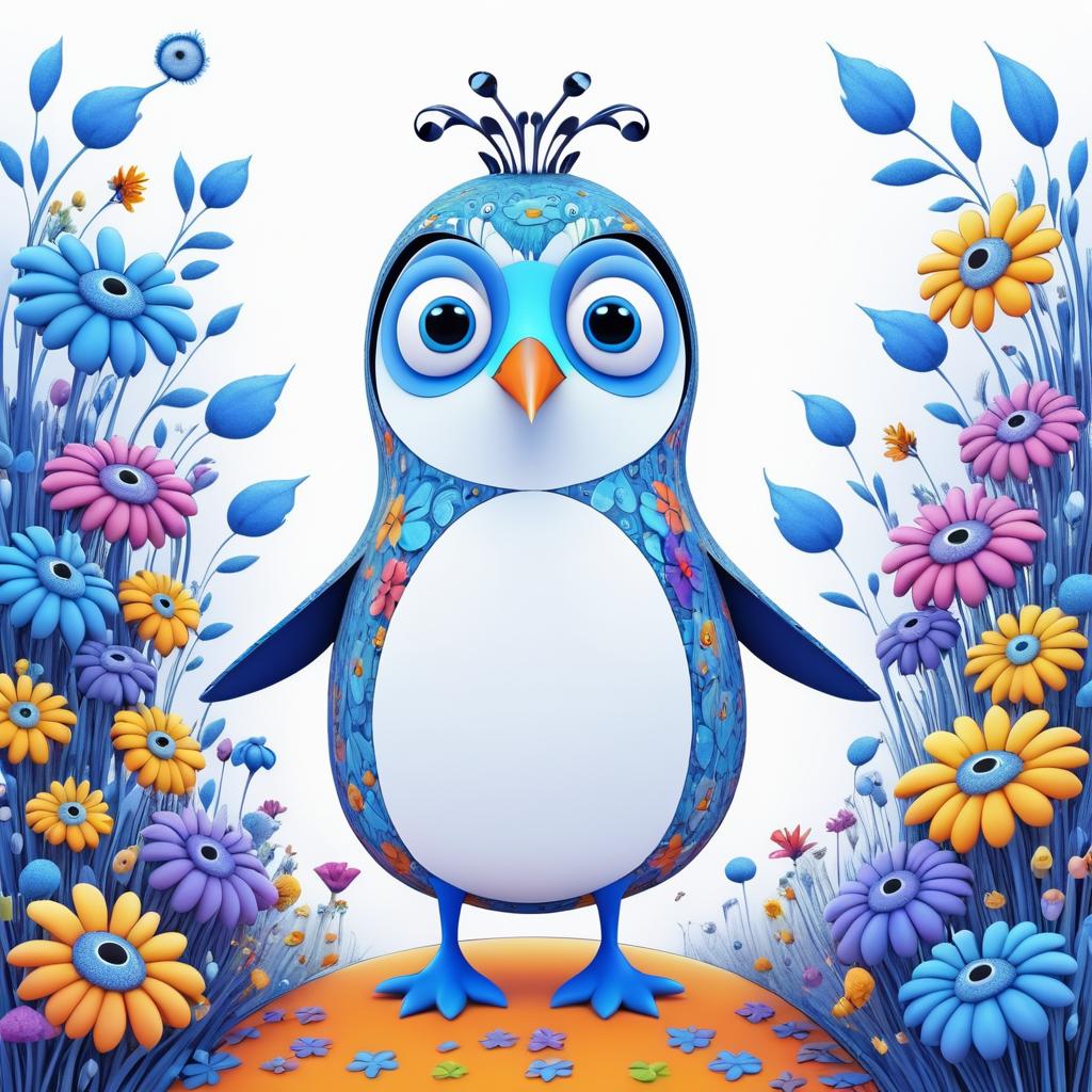 Whimsical Blue Penguin in Colorful Blooms