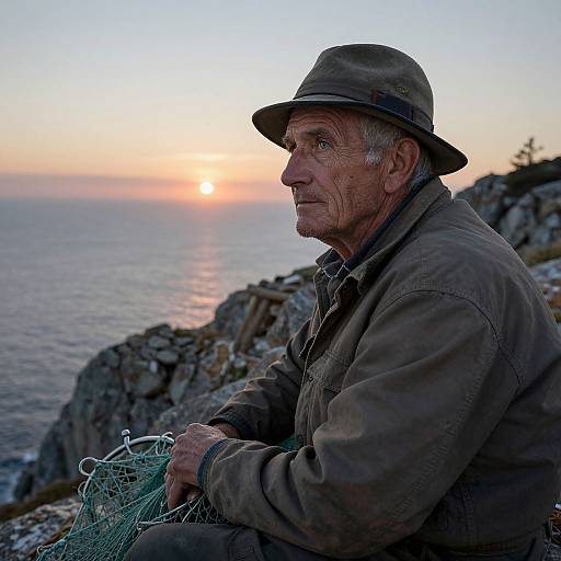 Photograph of an elderly man with weathered skin, wearing a brown hat and jacket, holding fishing net, sitting by a rocky ocean shoreline at sunset