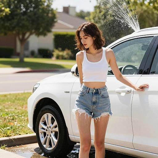 Girl Washing Car in Summer Sunlight