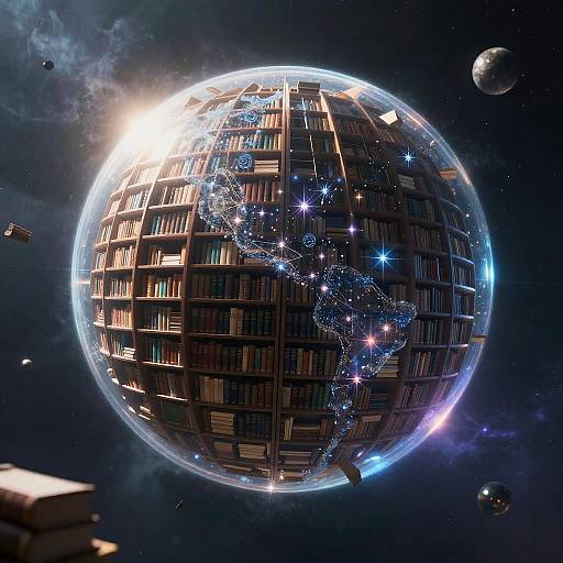 Digital artwork of a glowing, book-filled planet with constellation lines, surrounded by space debris, planets, and a bright star.