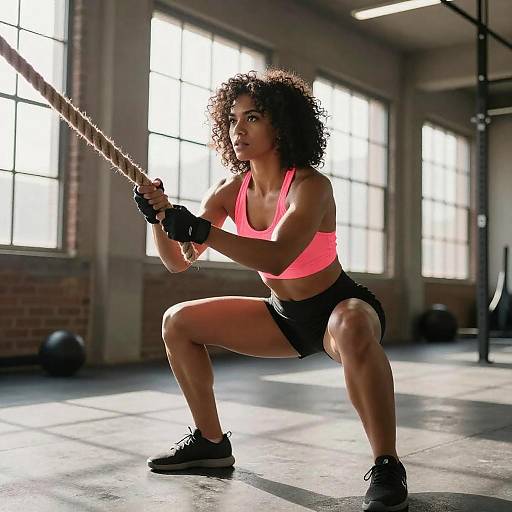 Fit Woman Squatting with Rope