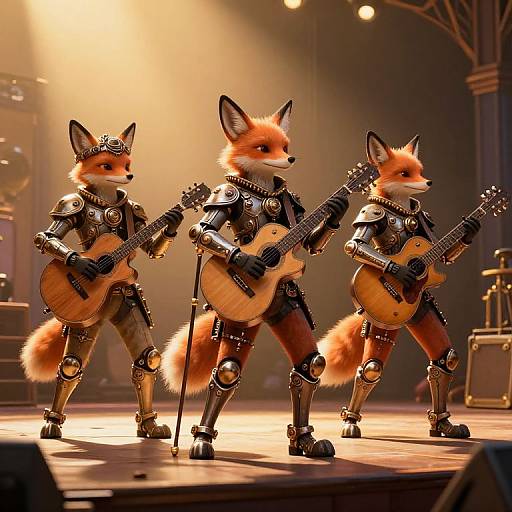 Photograph-like CGI of three anthropomorphic foxes in metallic armor, playing acoustic guitars on stage under warm stage lights.