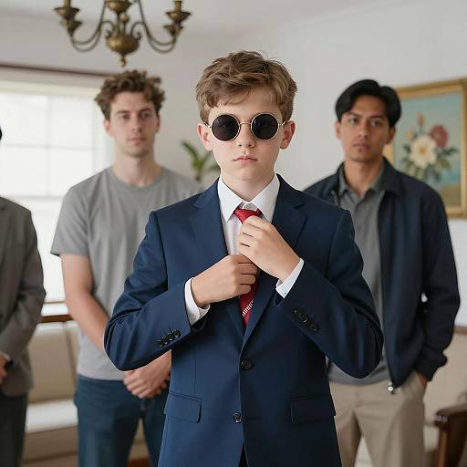 Young Boy in Stylish Attire Adjusting Tie