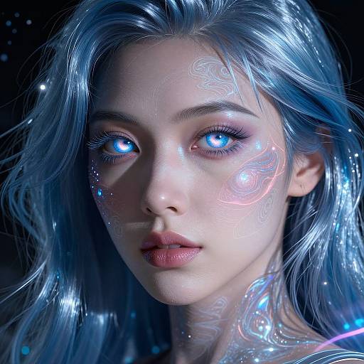Digital art of a young woman with glowing blue eyes, silver hair, and intricate neon patterns on her face, set against a dark, starry background