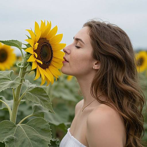 Photograph of a young woman with long brown hair, kissing a large, vibrant yellow sunflower in a sunflower field. She wears a white,
