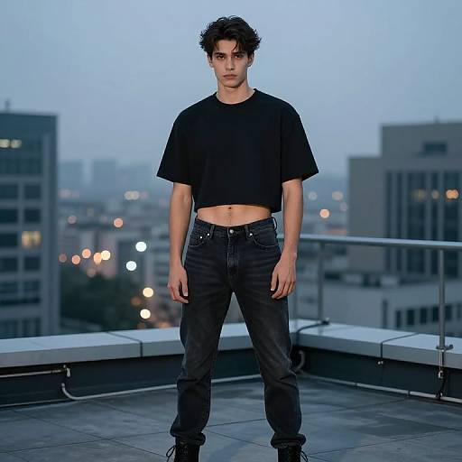 Photograph of a young man with dark, curly hair, wearing a black crop top and jeans, standing on a rooftop at dusk with city lights in