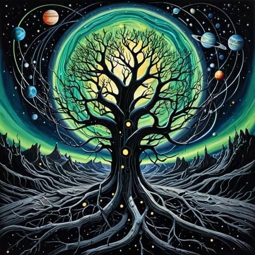 Cosmic Tree with Glowing Planets and Aurora