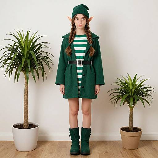 Photograph of a young woman with elf ears, green coat, striped shirt, green beanie, boots, standing between two potted plants.